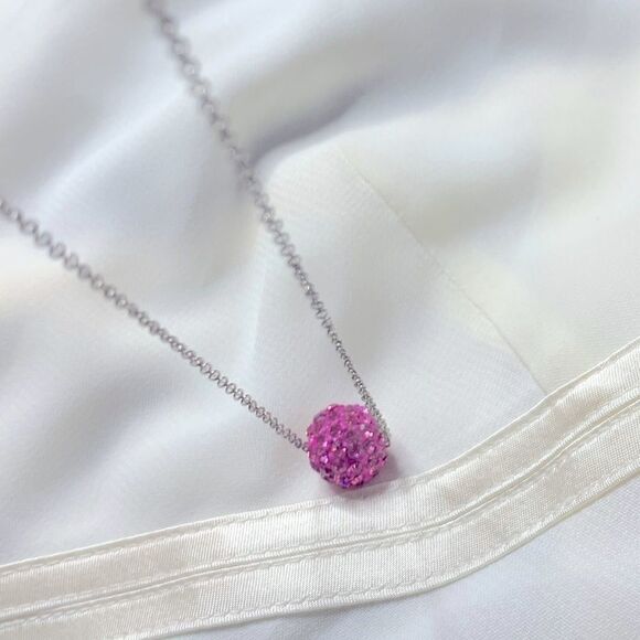 Pink pave crystal ball choker necklace on a silver tone chain - Picture 1 of 5
